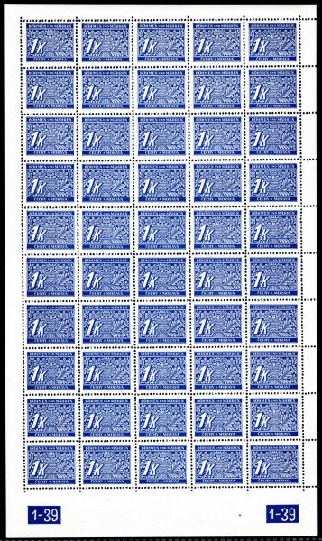 DL 9,  PA (50), modrá 1 Kč,  DČ 1-39, y-x, hledané, katalog cenu pro tuto variantu neuvádí