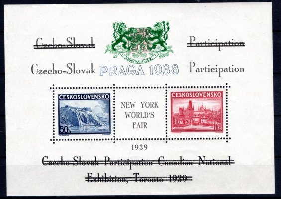 AS 10 c, aršík Praga 38 s černým přeškrtnutým  textem Toronto 1939 a zeleným znakem, hledané