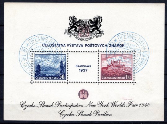 AS 8 a, aršík Bratislava 1937 s černým textem NY 1940 a černým znakem, příležitostné modré razítko, prvního otevíracího dne