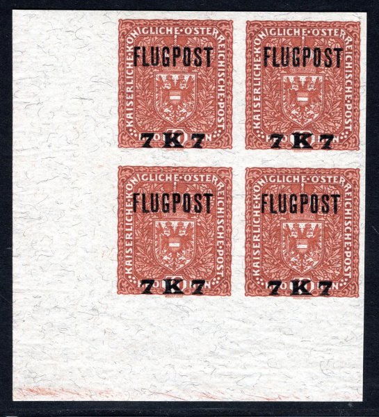 1918 FlugPost -  Rakouská Přeběžná 7 Koruna  / 10 koruna - nezoubkovaná ; kat. cena pro 1 známku 2000 euro, 4 - blok kat. cena 10 000 euro - levý rohový 4- blok -  zcela výjimečný kus , v tomto provedení;  kat. cena cca 12 000 - 14 000 euro - Atest Soecknick ;nádherný exemplář ! 