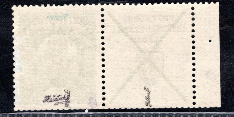 RV 2, I. Pražský přetisk - přetisk ruční sazby, typ I + typ II, krajová dvoupáska s kuponem a Ondřejským křížem, znak, kratší zoubky na spodní straně a zeslabený papír ve dvou zoubcích naprav, zelená 5 h, zk. Le, Gi, vzácné a hledané 