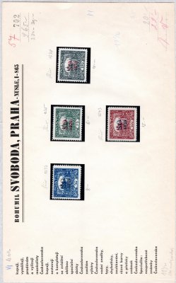 sestava 13 ks hradčanských známek s přetiskem SO 1920 a perforací 11 1/2,  na nálepních listech I. republikového obchodníka, zajímavé