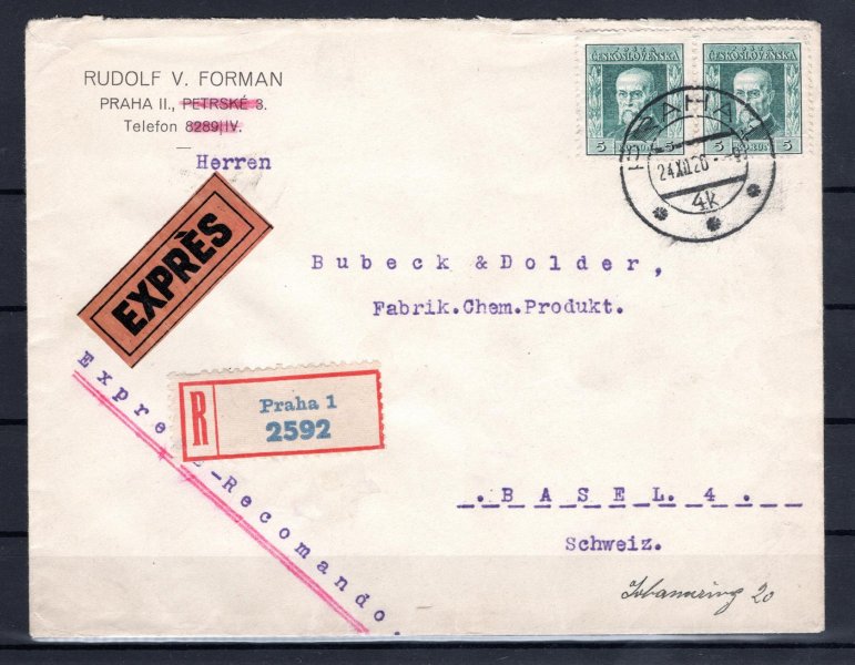 R, Ex dopis do Švýcarska s hledanou dvojnásobnou frankaturou 5 Kč, emise TGM 1925, raz. Praha 1, 24/12/26, příchozí Basel