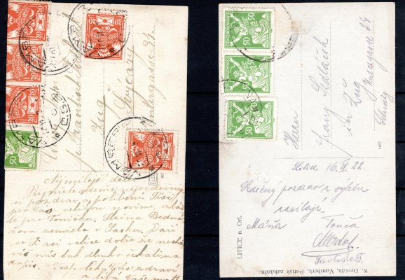 sestava dvou pohlednic z jedné korespondence do Švýcarska,  na jedné dvoupáska Pof. 156 s oblíbenouDV - vajíčko v pase, ve dvoupásce na celistvosti vzácné