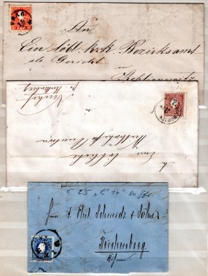 3 x skládaný dopis s jednoznámkovanou frankaturou Michel 13 - 15 ,  5, 10 a 15 Krejcarů - druhá emise 