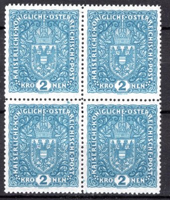 48 I ; 2 koruna úzká ve 4-bloku - světlá ! rakouský katalog 500 euro - hledané 