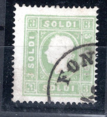 Rakousko ,Lombardsko - Benátsko - Mi. 8, žlutozelená 3 Soldi,  atest Ferchenbauer