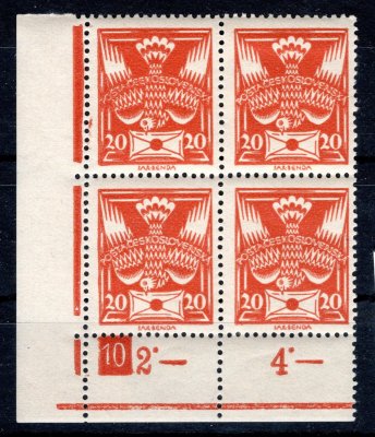 148, rohový 4 blok, oranžová 20 h s DČ 10, rok 1928