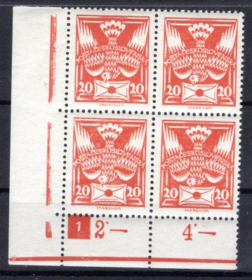 148, rohový 4 blok, oranžová 20 h s DČ 1, rok 1928, mezerník