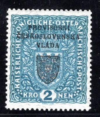RV 16a,  I. Pražský přetisk, papír žilkovaný, znak, formát široký  modrá 2 K, zk. Fi, Vrba