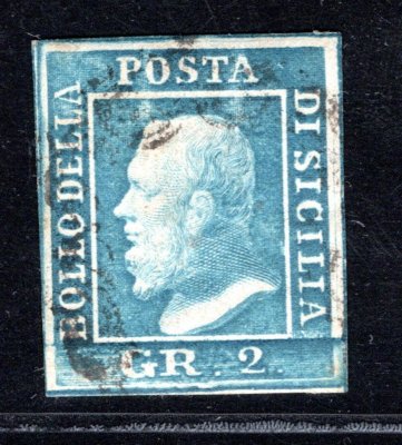 Sicilie, 1859 - Mi. 3, modrá 2 Gr, Ferdinand II