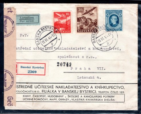 cenzurovaný, letecký R dopis z Bánské Bystrice, 13/VI/44  do Prahy, vyplacený známkami L  3, 5 a 31, adresovaný do Prahy, příchozí razítko, 19/IV/44