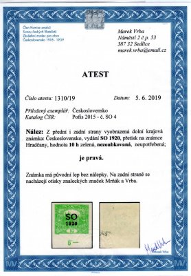 SO 4, krajová s počítadlem, zelená 10 h, zk. Mr, Vr a atest Vrba, velmi hezká známka - perfektní střih s počítadlem, řídký výskyt ! 