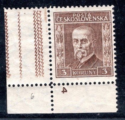 198, P 6, typ III, TGM, rohová s DČ 4 ,  hnědá 3 Kč, zk. Gi