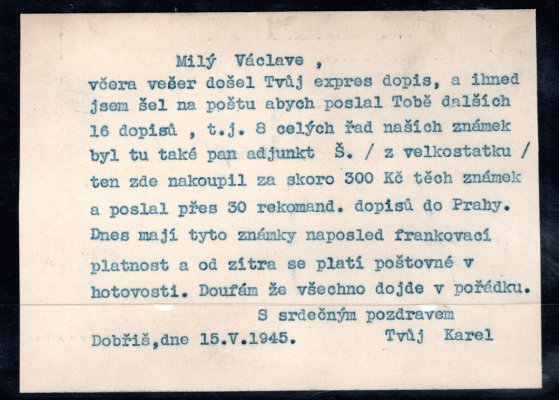 Dobříš - karta se známkami B+M a přetiskem, 15/5/45