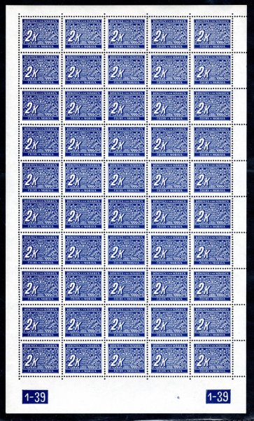 DL 11  ; 2 koruna modrá - kompletní 50-ti kusový arch s Dč 1 - 39  y-x