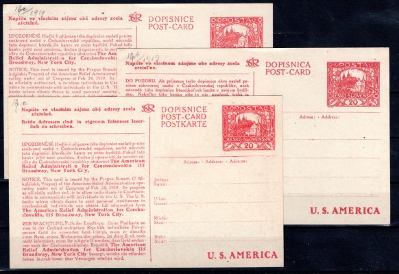 CDV 16 A,B,C, dopisnice do USA, kompletní jazykové verze,  20 Hradčany, karmínová, kat. 3800