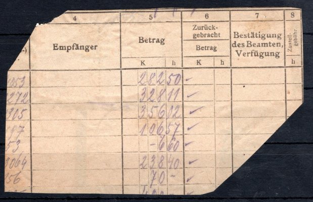 Výstřižek ze zúčtovacího archu s doplatními známkami 2x 5 K malá čísla + 2x 50/42 h výpotřební + 3x 10 h Mucha, raz. KARLSBAD 1, 27. 2. 19. Vzácná smíšená frankatura 3 emisí, navíc s hodnotou 5 K