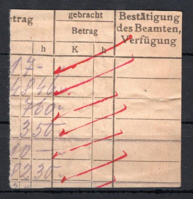 Výstřižek ze zúčtovacího archu se čtyřblokem souběžných doplatních známek 50 h velká čísla, jednokruhové raz. FRIEDLAND / BÖHMEN, 12. 2. 19, zk. Karásek.
Atraktivní a velmi vzácný kus!
