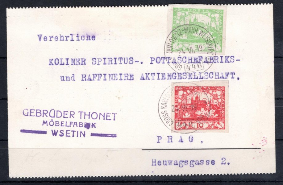 Firemní lístek vypl. Pof. č. 3 + 5, lepší raz. vlakové pošty GROSS KARLOWITZ – MÄHR. WEISSKIRCHEN / 446, 24. 6. 19, Votoček 32 bodů.