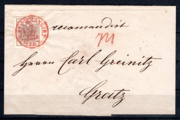 Skládaný doporučený dopis z října 1858 se známkou 6 kr hnědá, strojní papír, typ III, červené raz. RECOMMANDIRT / WIEN, 4 / 10 / 1858, vzadu stejná známka přeříznuta při otevření, přích. raz. GRATZ, 5. OCT. Katalog Ferchenbauer € 600.-, bezvadná kvalita.