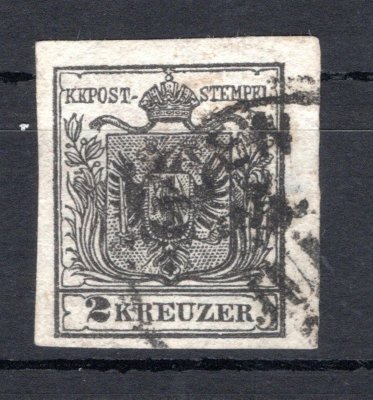 2; 2 kr černá, ruční papír, typ III, raz. WIEN. Atest Steiner, plné až široké okraje, větší část průsvitky, nádherný kus, ANK € 120.-