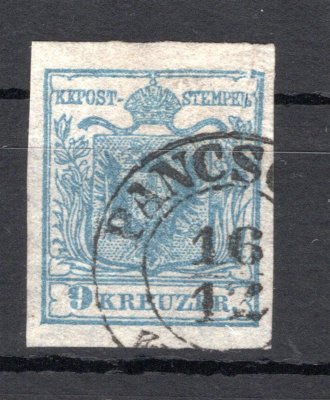 5; 9 kr světle šedomodrá, ruční papír, typ IIc, deska 3, tenký papír 0,07 mm se vzácným zvrásněním, raz. PANCSOWA. Atest Ferchenbauer / R, široké okraje, nádherný kus.