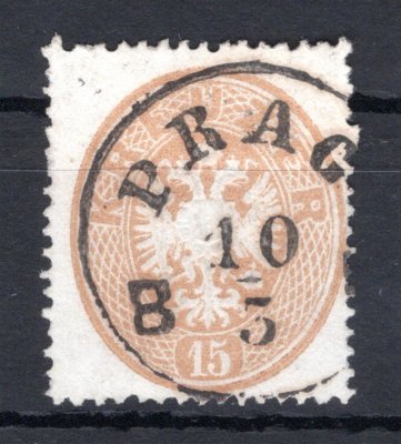 28; 15 kr hnědá, čtvrtá emise, tenký papír 0,07 mm, raz. PRAG / BH, 10 / 5, katalog Ferchenbauer € 60.-