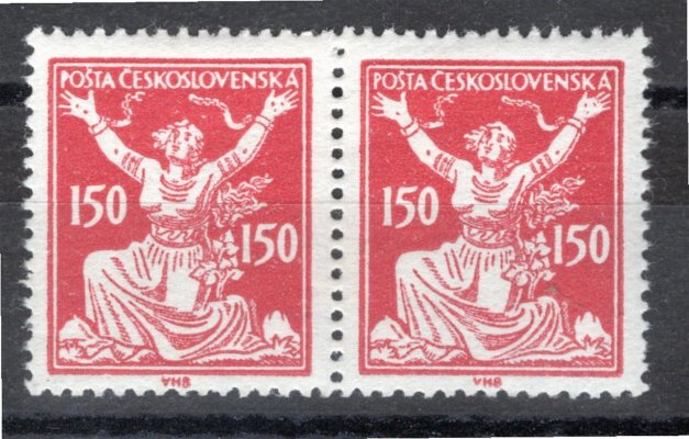 159 A ST, hodnota 150 h emise Osvobozená republika 1920 zoubkovaná základním zoubkováním A - HZ 14, spojené typy I. + III., zkoušeno a označeno Vrba, hezký svěží kus s plným lepem, intaktí stav


