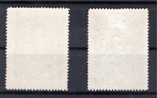 140 a I. + II., dvojice ultramarínových odstínů známky 125 h Masaryk 1920 respektující oba typy, známka prvního typu svěží s původním lepem bez stopy po nálepce, známka druhého typu také s původním lepem, který je bohužel v několika místech sklovitý - pozůstatek po přilepení k havidce, navíc má druhý typ provedenou hrubou reparaci papíru





