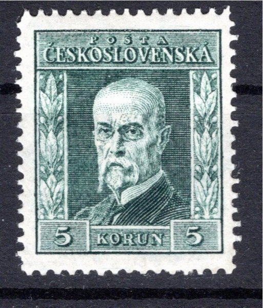 193 A P4, 75. narozeniny T. G. Masaryka, typ I - úzký formát, hodnota 5 Kč zelená, svislá průsvitka P4, původní lep bez stopy po nálepce




