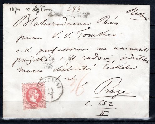 Doporučený dopis z r. 1874 vypl. 5 + 10 kr VI. emise, hrubý tisk, raz. MUNCIFAI, 11 / 7, Vot. 30 bodů (Smečno), česky psaná adresa na Václava Vladivoje Tomka, rektora Karlovy univerzity, poslance Českého zemského sněmu a Říšské rady, jednatele Národního muzea atd.