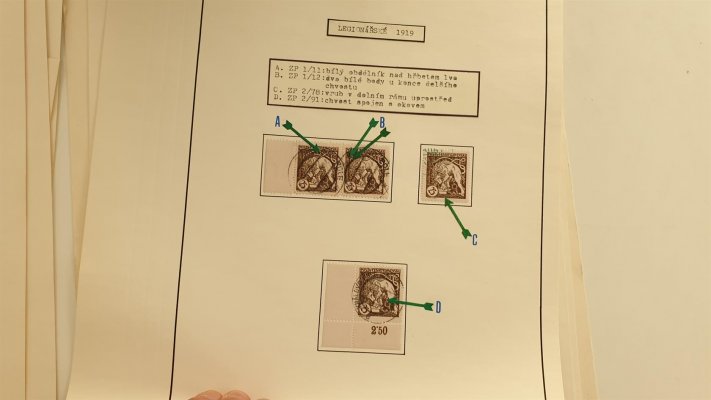 Legionářské 1919; studijní sbírka známek legionářské emise na několika albových listech, pečlivě rozpracováno, obsahuje mj. zkusmý přítisk velkého formátu - tzv. mudruňka, hezký los