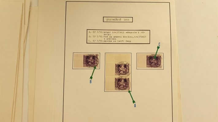 Legionářské 1919; studijní sbírka známek legionářské emise na několika albových listech, pečlivě rozpracováno, obsahuje mj. zkusmý přítisk velkého formátu - tzv. mudruňka, hezký los