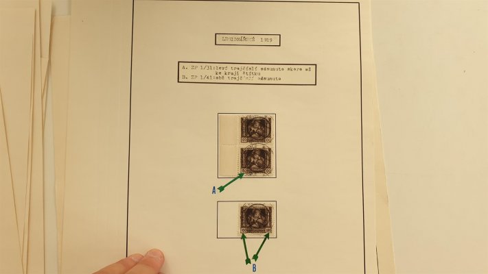 Legionářské 1919; studijní sbírka známek legionářské emise na několika albových listech, pečlivě rozpracováno, obsahuje mj. zkusmý přítisk velkého formátu - tzv. mudruňka, hezký los