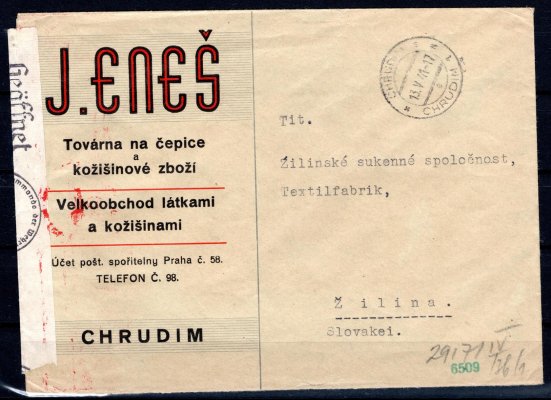 Firemní obálka J. Eneš - Chrudim, raz Chrudim 13/V/41, vyplacena na zadní straně 14 x č. 21, 
adresovaná na Slovensko do Žiliny, německá cenzura, krásná a vzácná násobná frankatura