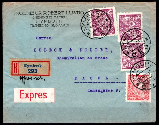 firemní R, Ex dopis do Švýcarska s 3 x 175 + 173, razítko Nymburk 20/6/23, příchozí razítko