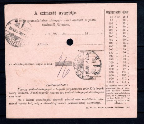 uherská peněžní poukázka s frankaturou Pof. 2 x 14 , raz. Nagyszombat, 10/7/19, archivační otvor