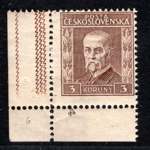 198, P 6, typ III, TGM, hnědá 3 Kč, rohová s DČ 4 - zkoušeno Gilbert 