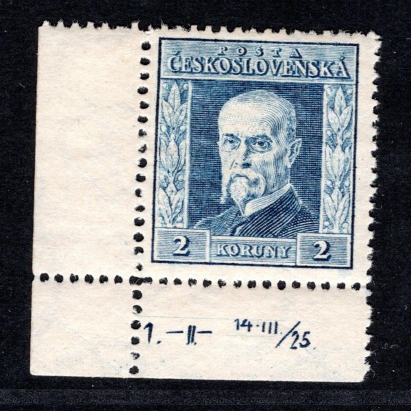 191, P 5, typ I, TGM, modrá 2 Kč Kč, rohová s DČ 1.-II- 14 III/ 25 , zk. Gi