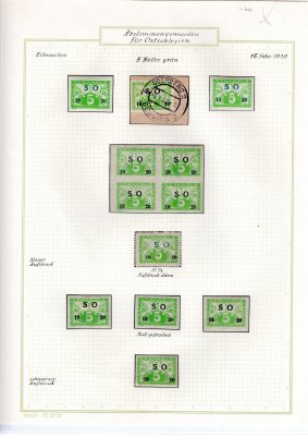 SO 26 - 7, sestava spěšných známek s přetiskem SO 1920, zajímavé i přetisky černé a privátní perforace