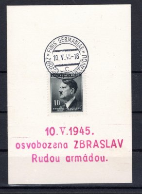 výstřižek se známkou A.H. 10 h a razítkem "Finis Germanie", + červené Zbraslav 10/5/45