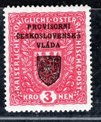 RV 17, I. Pražský přetisk, znak, červená 3 K, zk. Mr