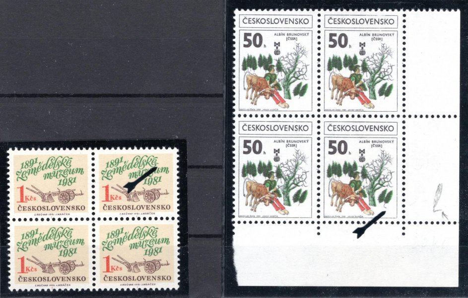 2488 + 2502 ;  Zem. muzeum a BIB  DV 24/2 "čárka za é"  a  DV 50/2 č.n. "skvrna pod stromem", 2 x 4blok
