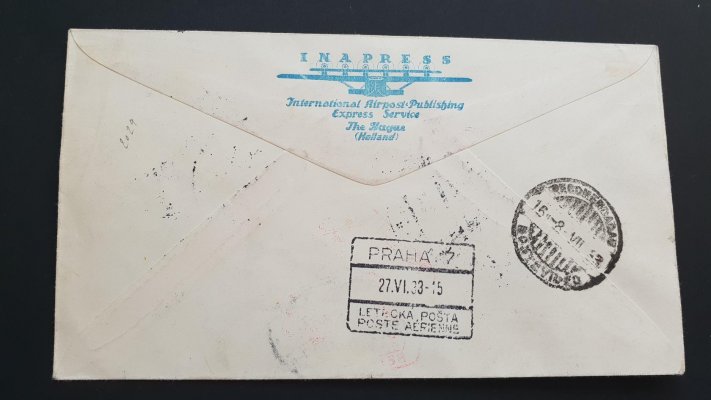Zeppelin ; 1933 Zeppelin/ 3. SAF, doporučený dopis frankovaný známkami L 7, 2x L 12 a L 13, podací razítko PRAHA 1 /27. 6. 32, rámečkové razítko PRAHA 7 /27. 6. 32, příchozí razítko, červený a dvakrát modrý kašet, dekorativní 