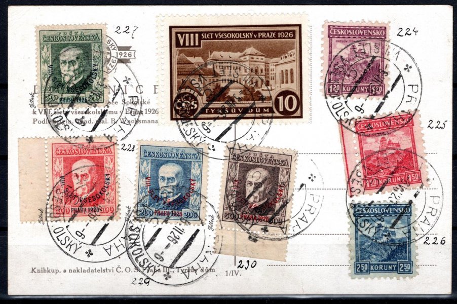 183 - 6, Všesokolský slet, sletová pohlednice s kompletní řadou a příležitostným razítkem a známkami emise města, zaslaná jako R z Prahy 3 do Německa