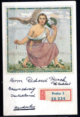 183 - 6, Všesokolský slet, sletová pohlednice s kompletní řadou a příležitostným razítkem a známkami emise města, zaslaná jako R z Prahy 3 do Německa