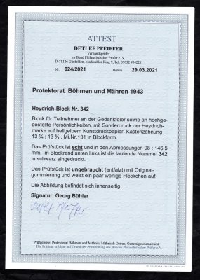 111 A, Heydrichův aršík, číslo 342,  typ I, rozměry 98 x 146,5 mm, varianta A, ve velmi dobré kvalitě s neznatelnou stopou po nálepce, zk. Bühler a atest PFEIFFER - BPP, nejdražší aršík světa, velmi vzácný a hledaný