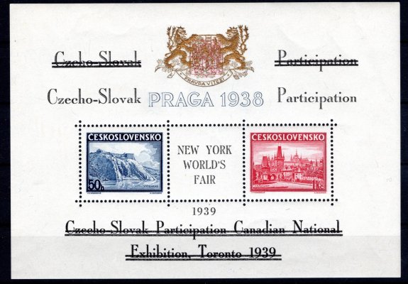 AS 10 e, aršík Praga 38 s černým přeškrtnutým  textem Toronto 1939 a zlatým znakem, hledané