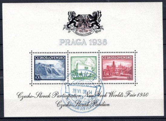 AS 9 a , aršík Praga 38, přítisk zeleného pavilonu s černým textem NY 1939 a černým  znakem, modré příležitostné razítko Praha 1, 28/VI/38